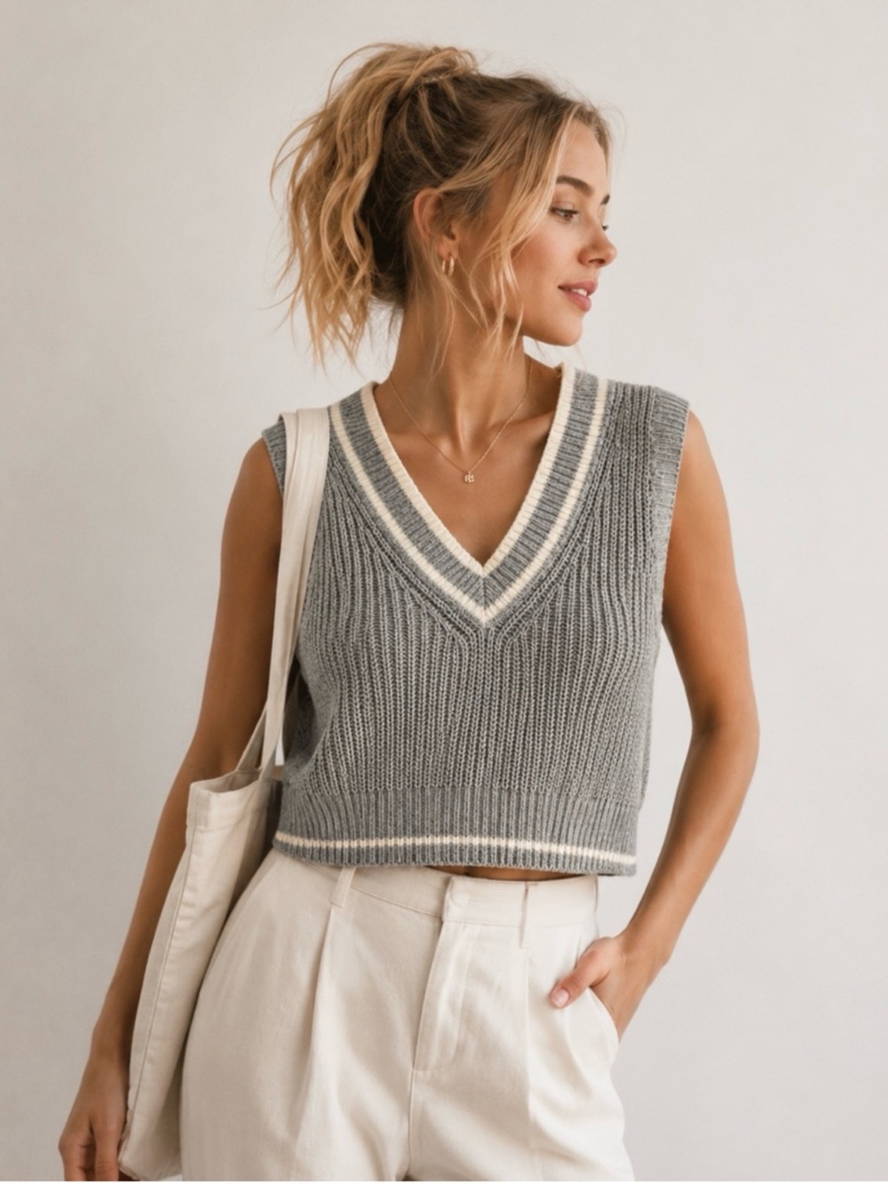 H&M Divided Gray Sweater Vest Preppy V Neck Knit Top Size M